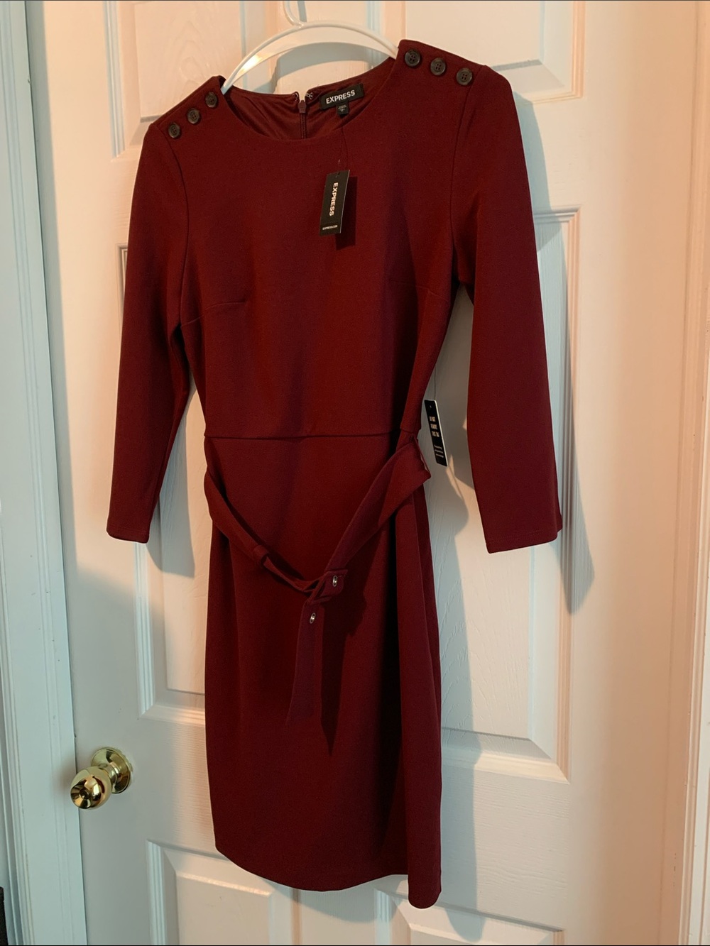 Express Burgundy Button-Shoulder Belted Mini Dress Petite Small